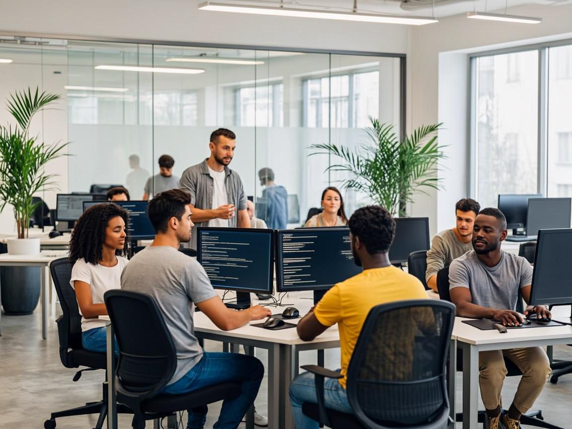 The Metric Flux Solutions development team collaborating in a bright, modern office