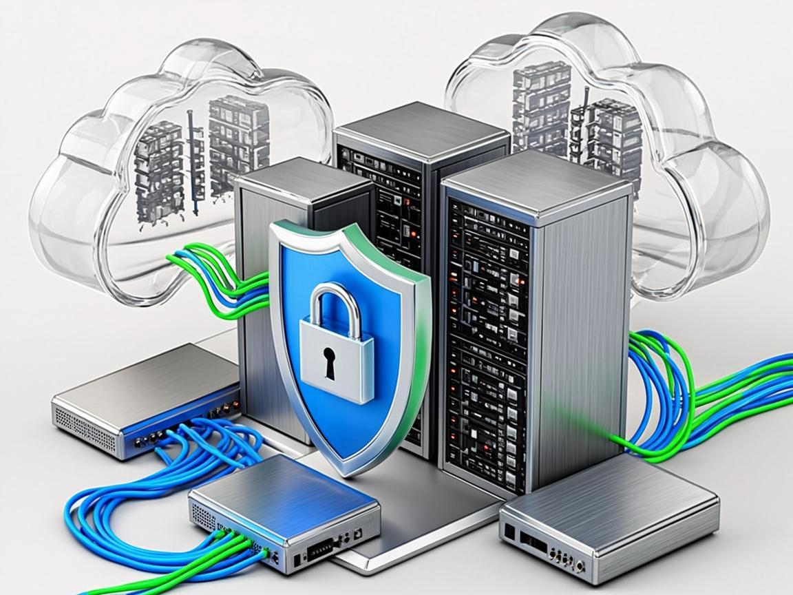 Illustration of servers, cybersecurity shield, cloud infrastructure and data backup