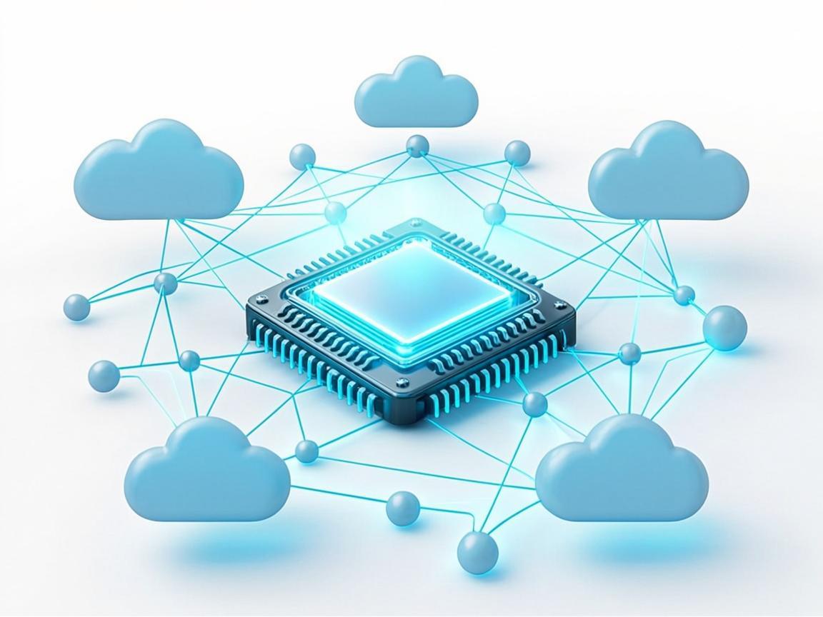 Illustration of AI chips, cloud nodes and emerging technology networks